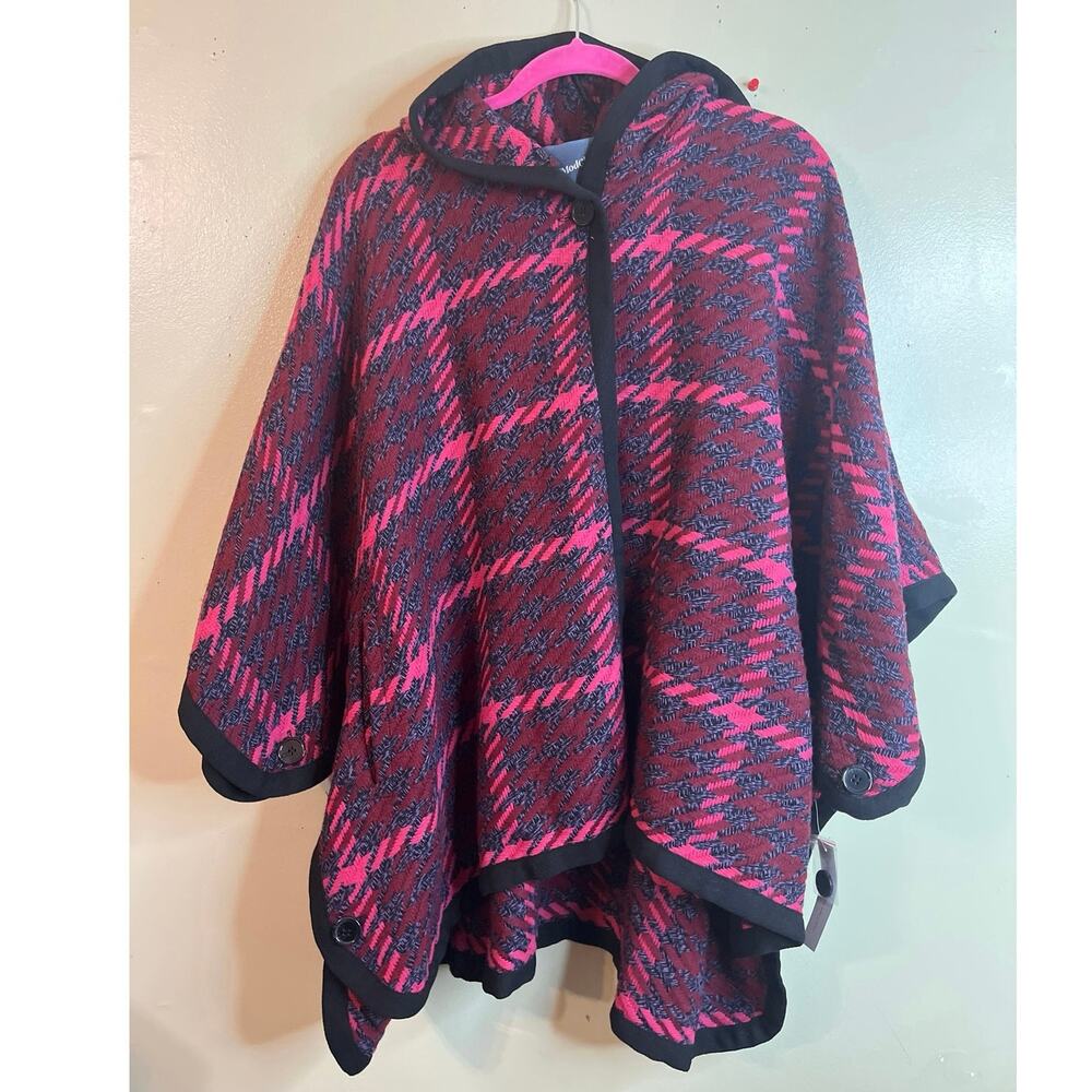 ModCloth Little Plaid Riding Hood Cape wool blend Magenta & Black Plaid,XS | NWT